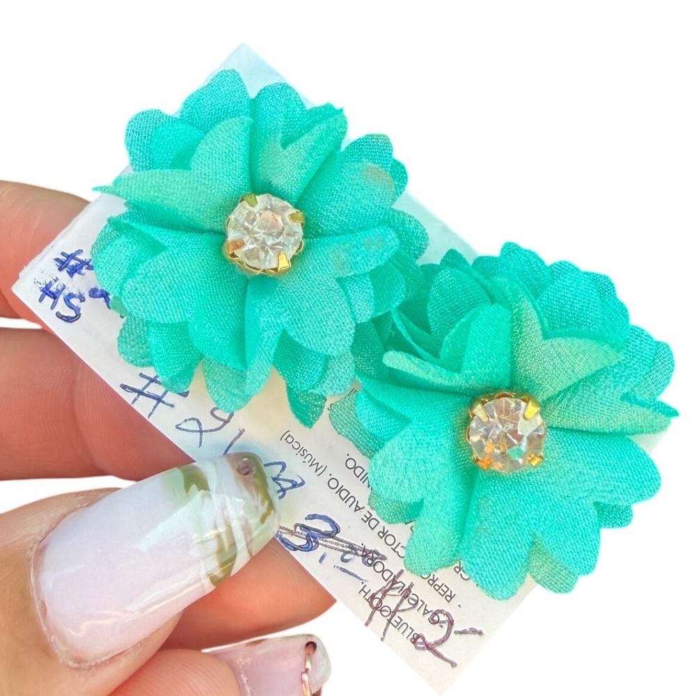 Teal Turquoise Fabric Flower Stud Earrings Clear Rhinestone Center Boho Floral